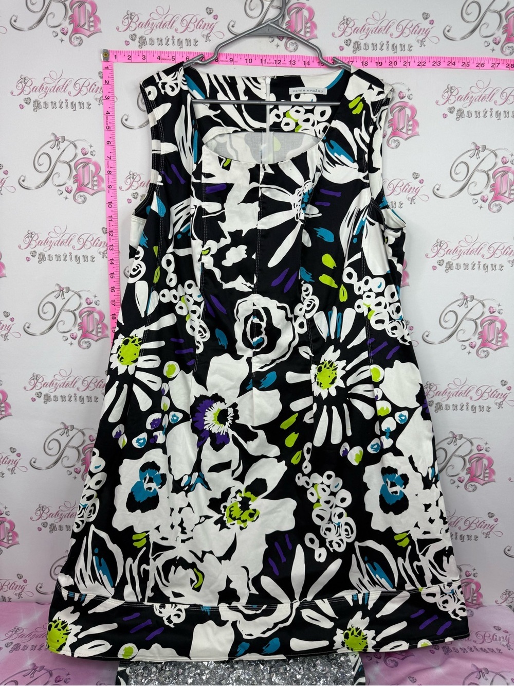 Peter Nygård Black Floral Shift Dress with White, Blue & Lime Accents